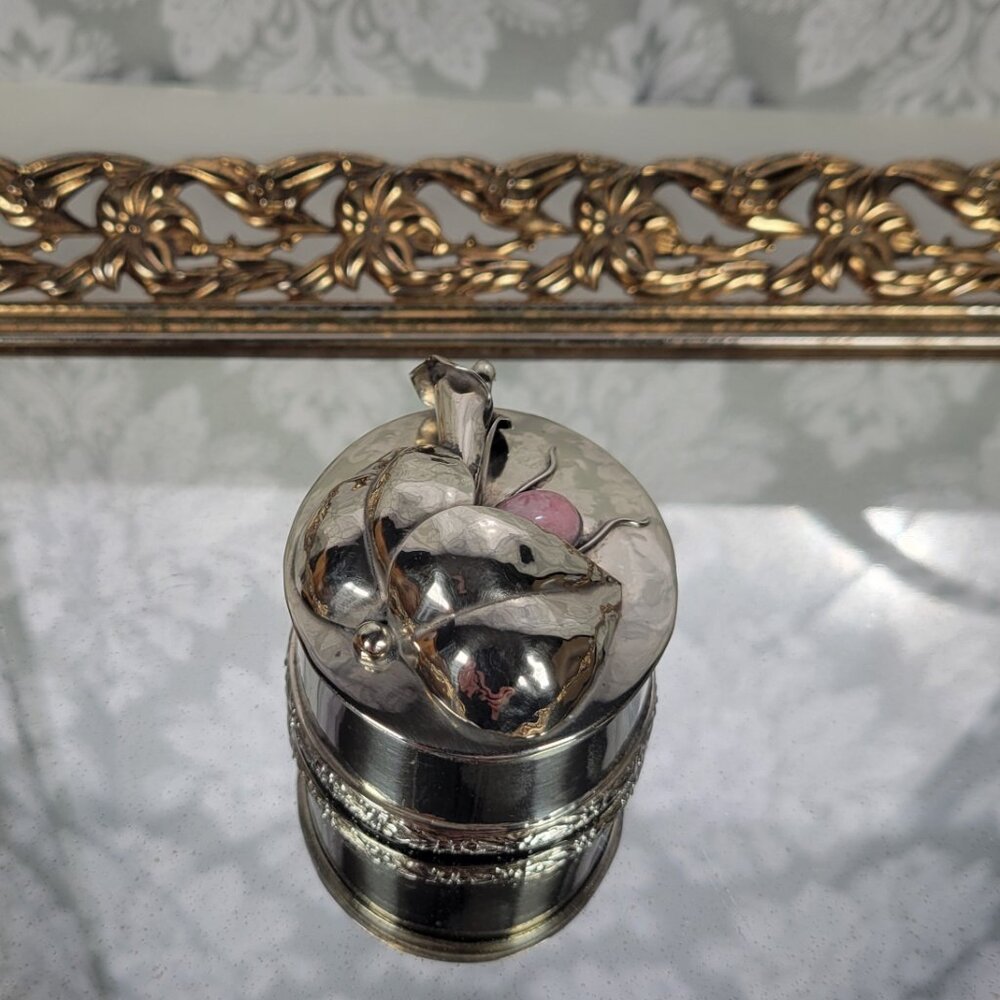 Vintage Art Nouveau Silver Colored Trinket/Jewelry Box with Flower & Pink Stone